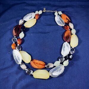 Two-Strand Chunky Beaded Necklace With Adjustable Chain In Amber Yellow & Clear